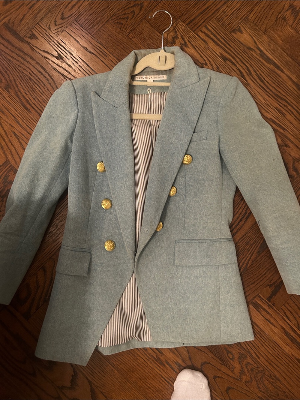 Veronica Beard Pale Blue Double-Breasted Wool-Blend Blazer with Gold Buttons